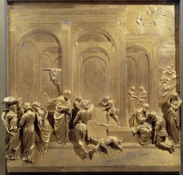 Life of Jacob and Esau: Esau sells his birthright and Isaac blessing Jacob (original panel of the door of Paradise)