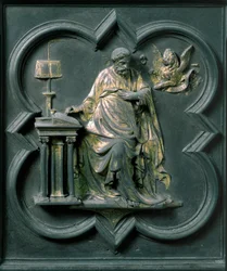 North Gate (called Gate of the Cross, to the North), exterior detail: Saint Mark. Bronze sculpture made by Lorenzo Ghiberti