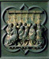 North Gate (called Gate of the Cross, in the North), exterior detail: The Last Supper. Bronze sculpture made by Lorenzo Ghiberti