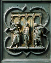 North Gate (called Gate of the Cross, in the North), exterior detail: The Flagellation. Bronze sculpture made by Lorenzo Ghiberti