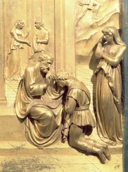 The Story of Jacob and Esau, detail of Isaac Blessing Jacob, from the original panel from the East Doors of the Baptistery, 1425-52 (post restoration)