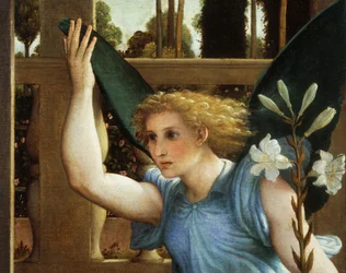 Announcing Angel, (detail) from the Annunciation, ca 1434, by Lorenzo Lotto