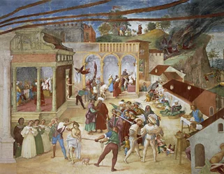 St Barbara being led through streets of city (detail)