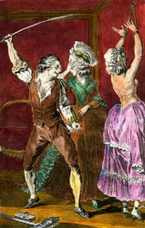 Eroticism: members of the nobility indulging in sadomasochistic pleasures, a man whips a woman attached. Engraving by Leroy after a drawing by Louis Binet (1744-1800) for “The Perverted Peasant” by Restif de la Bretonne (1734-1806), 1775