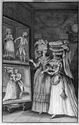 Illustration by Louis Binet (1744-1800) for the book by Nicolas Edme Restif de La Bretonne "Les Parisiennes", or XL General Characters Taken from Present-Day Manners, Fit to Serve for the Instruction of Persons of the Female Sex, Drawn from the Memoirs of