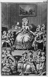 Illustration by Louis Binet (1744-1800) for the book by Nicolas Edme Restif de La Bretonne "Les Parisiennes", or XL General Characters Taken from Present-Day Manners, Fit to Serve for the Instruction of Persons of the Female Sex, Drawn from the Memoirs of