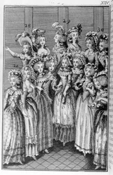 Illustration by Louis Binet (1744-1800) for the book by Nicolas Edme Restif de La Bretonne “The Parisian Women, or XL General Characters Taken from Contemporary Manners, Suitable for the Instruction of Persons of the Female Sex, Drawn from the Memoirs of