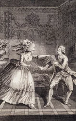 Le billet doux subtilisé (libertinage) - in “Les francaises ou 34 examples chosen in the current mores fit to lead daughters, women, wives, mothers” by Restif de La Bretonne (1734-1806), ill. by Binet, Neufchatel