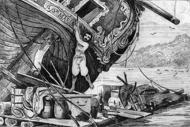 I descended on my raft then I set myself at sea... engraving after the drawing of M. de Sainson for the book of Daniel Defoe "Robinson Crusoe" French edition of 1837