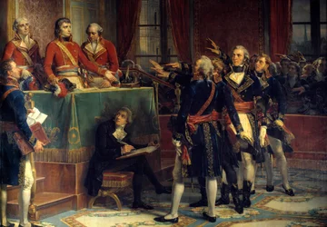 The Three Consuls: Bonaparte, Cambaceres and Lebrun receiving the oaths of presidents. On the right, Emmanuel-Joseph Sieyes (1748-1836) and Pierre-Roger Ducos (1747-1816). Painting by Louis Charles Auguste Couder