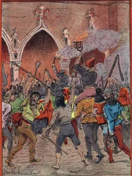 Announcement of a new tax in 1382 under the reign of Charles VI, the population tired of tax oppression rose (revolts of the maillotins or the harelle, scene of popular uprising on the Place de l