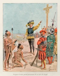 Jacques Cartier (1491 - 1557) took possession of the Bay of Gaspe in Canada on behalf of the King of France, Francois 1st in 1534 (Cartier points the coat of arms of France on the cross he had planted); Histoire de la Nouvelle France