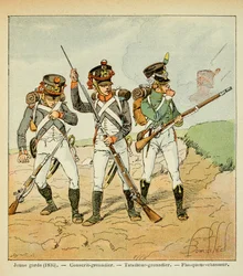 Illustration by Bombled Louis (1862-1927) from the book The Memorial of Saint Helene by Count Emmanuel de Las Cases (1766-1842): The Young Guard of 1806: conscript grenadier; shooter grenadier and flanker hunter