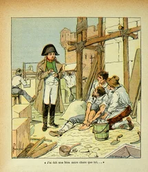 Illustration by Bombled Louis (1862-1927) from the book “The Memorial of Saint Helena” by Count Emmanuel de Las Cases (1766-1842): On the island of Elba, a mason employed on the buildings ordered by the Emperor fell. Napoleon, trying to comfort him, said