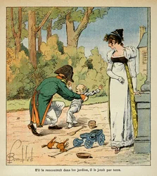 Illustration from the book The Memorial of Saint Helene by Count Emmanuel de Las Cases: Napoleon playing with his son in the presence of Marie Louise