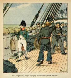 Napoleon en route to St. Helene aboard the Northumberland draws the sympathy of the crew (Illustration from 