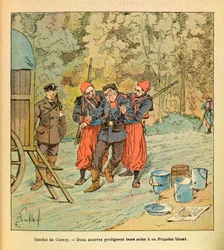 The Eastern Army of Eugene Sergeant, known as Grenest, illustrated by Louis Bombled (Franco-German War; campaign of 1870-1871): Battle of Cussey, October 1870, two Zouaves provide care to a wounded Prussian