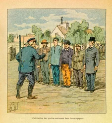 The Army of the East by Eugène Sergeant, known as Grenest, illustrated by Louis Bombled (1862-1927) (Franco-German War; campaign of 1870-1871): The training of National Guards in the countryside to defend the territory, Private Collection.