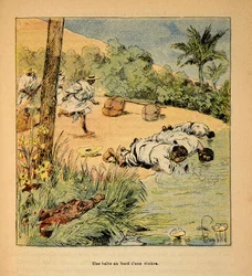 The War in Madagascar-Anecdotal History of the French Expeditions of 1885-1895 by Henri Galli dit Galllichet (1854-1922), illustrated by Louis Bombled (1862-1927): A stop by the river in 1895, Private Collection