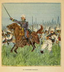 The War in Madagascar-Anecdotal History of the French Expeditions of 1885-1895 by Henri Galli dit Galllichet (1854-1922), illustrated by Louis Bombled (1862-1927): The Commander Lentonnet (1840-1896) with the French troops during the defense of Tsarasaotra