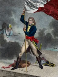 Napoleon Bonaparte during the Battle of the Bridge of Arcole (Arcola), November 1796 - Buonaparte General en Chief of the Army of Italy planting a flag on the bridge of Arcole in 1796 - engraving by Louis Charles Ruotte