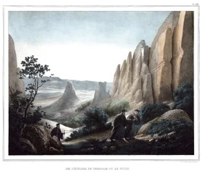 Les Meteores de Thessalie et le Pinde (Landscape of Cliffs and Rocks). in Journey to Athenes and Constantinople, or Collection of Greek and Ottoman Portraits, Views and Costumes, Painted on Places of After Nature, Lithographs and Colories by Louis Dupre