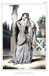 Princess Helene Soutzo. In ’Journey to Athens and Constantinople, or collection of Greek and Ottoman portraits, views and costumes, painted on site from nature, lithographed and coloured by Louis Dupré (1789-1837), pupil of David’. 1825.