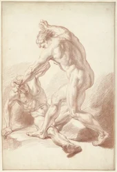 Two nude men fighting