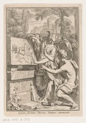 Woman with Winged Head Shows Bas-Relief to Young Man