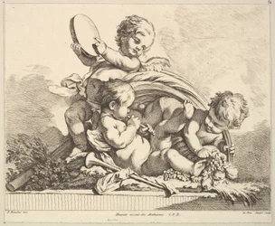 Three Cupids, Two Playing Music, One Holding Palm Leaves