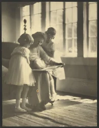 Mother and Daughters Reading by Windows