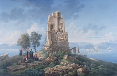 Tomb of Philopappos in Athens, with Travelers, 1821