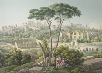 View of the Palatine Hill in Rome, with the ruins of the Palace of the Caesars in the background