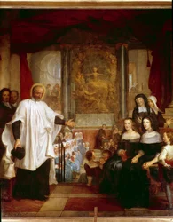 Saint Vincent de Paul Visits the Institution of Children Found in Front of the Ladies of Charity. Painting by Louis Galloche of 1732. Paris, Church of Saint Marguerite