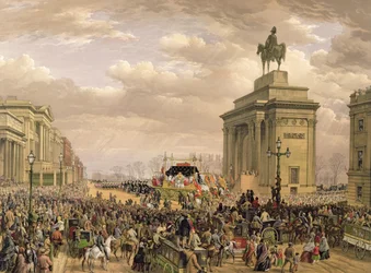 Funeral of the Duke of Wellington, the funeral car passing the archway at Apsley House, Nov. 18th 1852