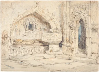 Interior of a Church with a Wall Tomb and Medieval Font