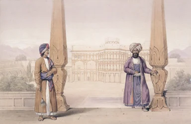 A Dooranee Noble and his Attendant at the Palace in Candahar, from Characters and Costumes of Afghanistan written by Captain Lockyer Willis Hart, published 1843
