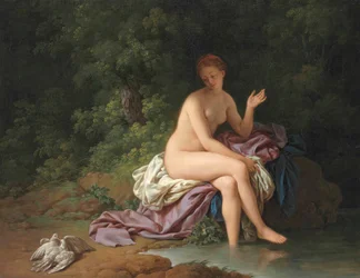 A Lady Bathing by a River with Two Turtledoves