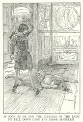 As soon as he saw the likeness of the lady, he fell down upon the floor senseless