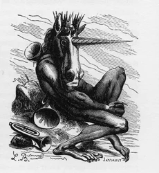 Amdusias, demon in the Ars Goetia - Amdusias - demon derived from goetic beliefs, the art and practice of the invocation of demons - in “The Infernal Dictionary” by Collin de Plancy - engraving by L. Breton. Paris