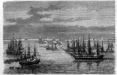 View of the French Anglo squadron in the mouth of the Hai He River in the Bohai Sea in Tanggu, China. Engraving by Lebreton, in Le Tour du Monde, Nouveau journal des Voyages, edited by Edouard Charton, Paris
