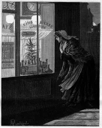 In front of these low windows, lit only in the deserted streets, a small shadow passes and fearlessly returns... Woman looking through the glass of a Parisian café. In the autobiographical collection “Trente ans de Paris” by Alphonse Daudet (1840-1897).