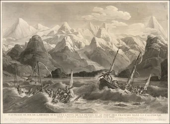1786 engraving of a shipwreck of two small boats that were part of the La Perouse Expedition