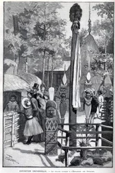 Exposition Universelle 1889 - The canaque village at the Esplanade des Invalides (the canaques exhibited during the exhibition: Zoo Humane). Drawing by Louis Tinayre - in “The Illustrous World” of 22/07/1889