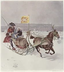 A man and a woman riding a horse-drawn sledge