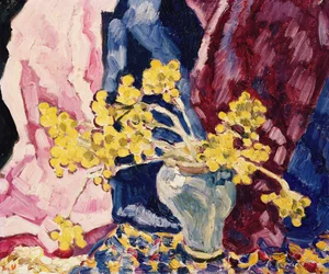 Blue Vase, Yellow Flowers and Curtains