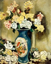 Bouquet of Red Roses in a Blue Vase, c.1920