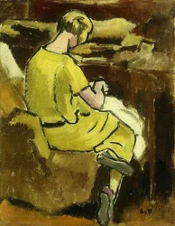 Woman in Yellow sewing