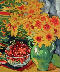 Yellow Flowers and a Bowl of Cherries