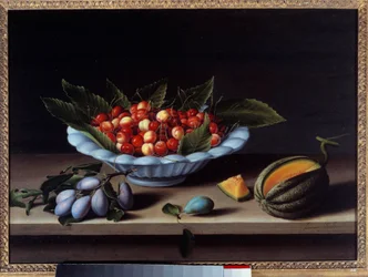 Cup of cherries, plums and melon